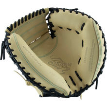 The Marucci Oxbow 235C1 33.5" Baseball Catcher's Mitt features tan and black full-grain cowhide leather, visible stitching, professional-grade rawhide laces, and "Oxbow" printed inside the palm.