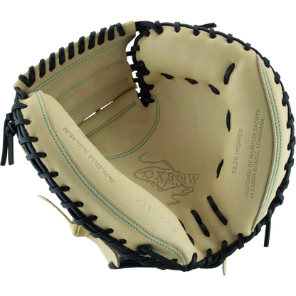 The Marucci Oxbow 235C1 33.5" Baseball Catcher's Mitt features tan and black full-grain cowhide leather, visible stitching, professional-grade rawhide laces, and "Oxbow" printed inside the palm.