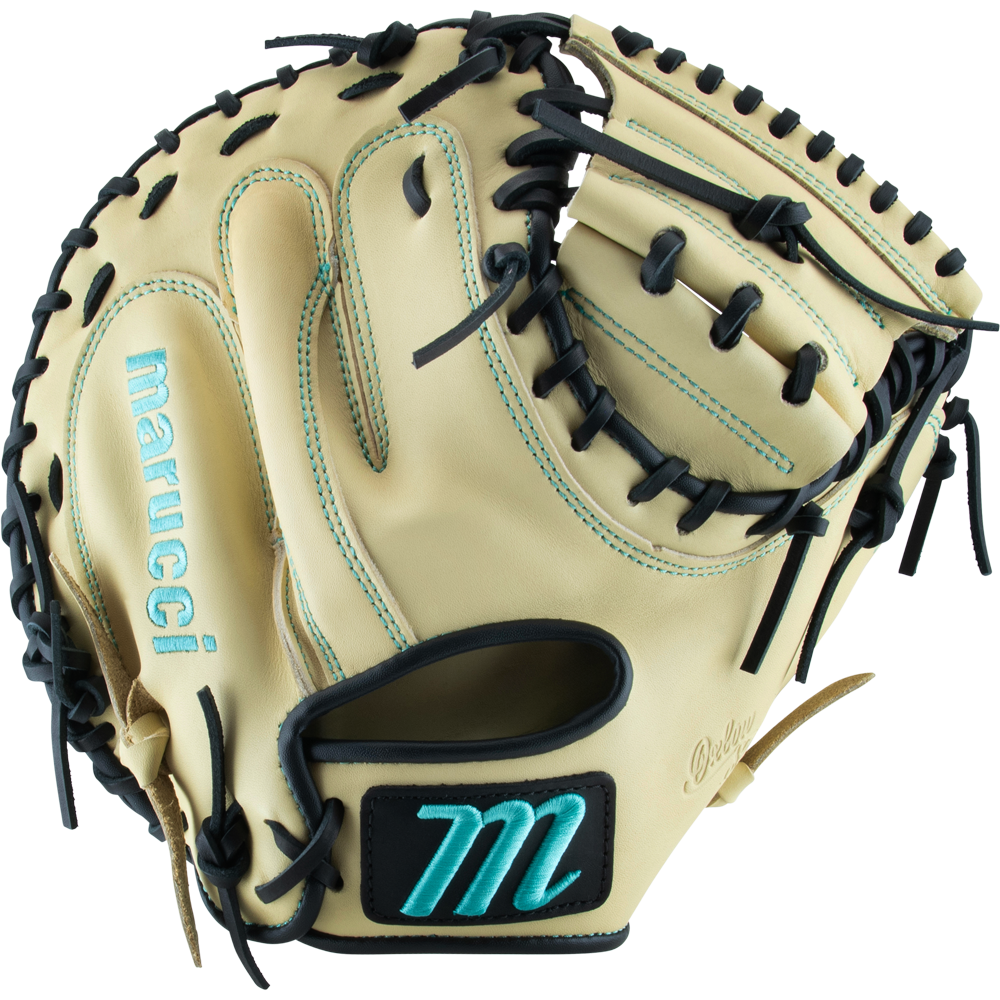 The Marucci Oxbow 235C1 33.5" Catcher's Mitt features tan full-grain cowhide leather, black laces, teal stitching, and a teal M logo on the wrist strap. The open mitt displays its inner palm and finger slots.