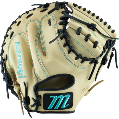 The Marucci Oxbow 235C1 33.5" Catcher's Mitt features tan full-grain cowhide leather, black laces, teal stitching, and a teal M logo on the wrist strap. The open mitt displays its inner palm and finger slots.