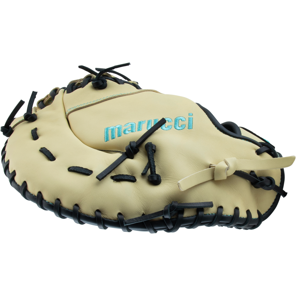 The Marucci Oxbow 38S1 12.75" First Base Mitt features a cream and black design, light blue Marucci palm stitching, full-grain cowhide leather, and pro-grade rawhide laces, shown on a white background.