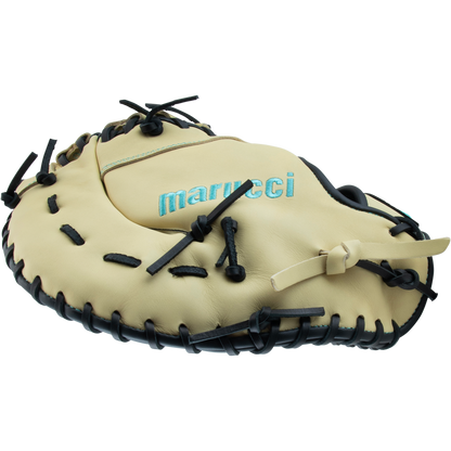 The Marucci Oxbow 38S1 12.75" First Base Mitt features a cream and black design, light blue Marucci palm stitching, full-grain cowhide leather, and pro-grade rawhide laces, shown on a white background.