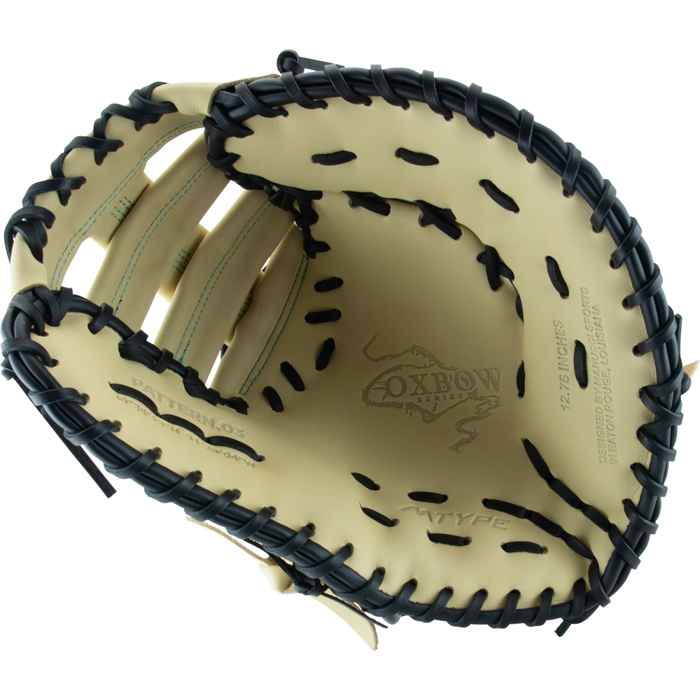 A close-up of the Marucci Oxbow 38S1 12.75" First Base Mitt, crafted from full-grain cowhide leather with pro-grade rawhide laces.