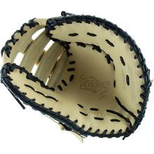 A close-up of the Marucci Oxbow 38S1 12.75" First Base Mitt, crafted from full-grain cowhide leather with pro-grade rawhide laces.
