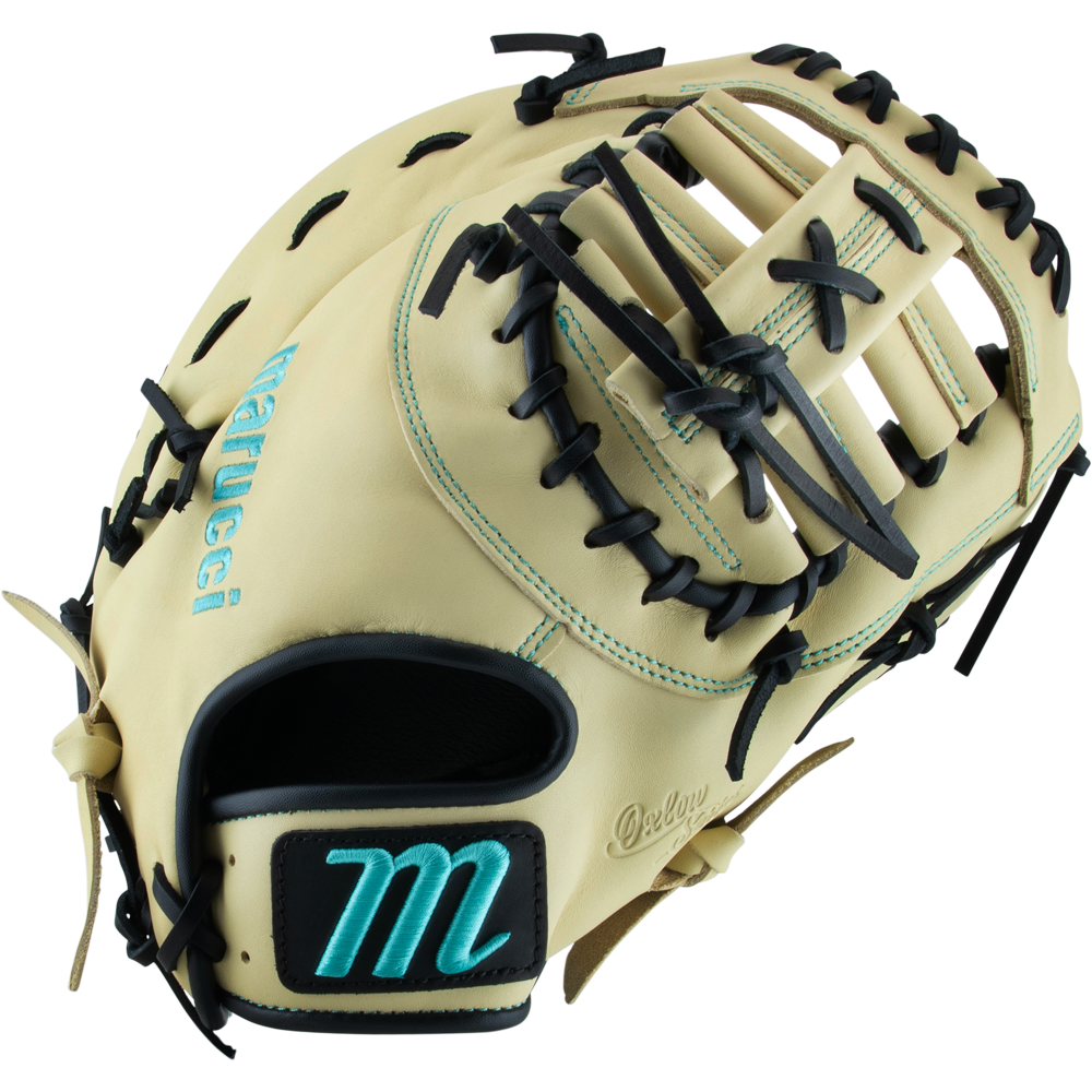 The Marucci Oxbow 38S1 12.75" Baseball First Base Mitt (MFG3OX38S1) is made from full-grain cowhide leather and features a blue logo.