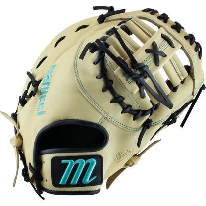 The Marucci Oxbow 38S1 12.75" Baseball First Base Mitt (MFG3OX38S1) is made from full-grain cowhide leather and features a blue logo.