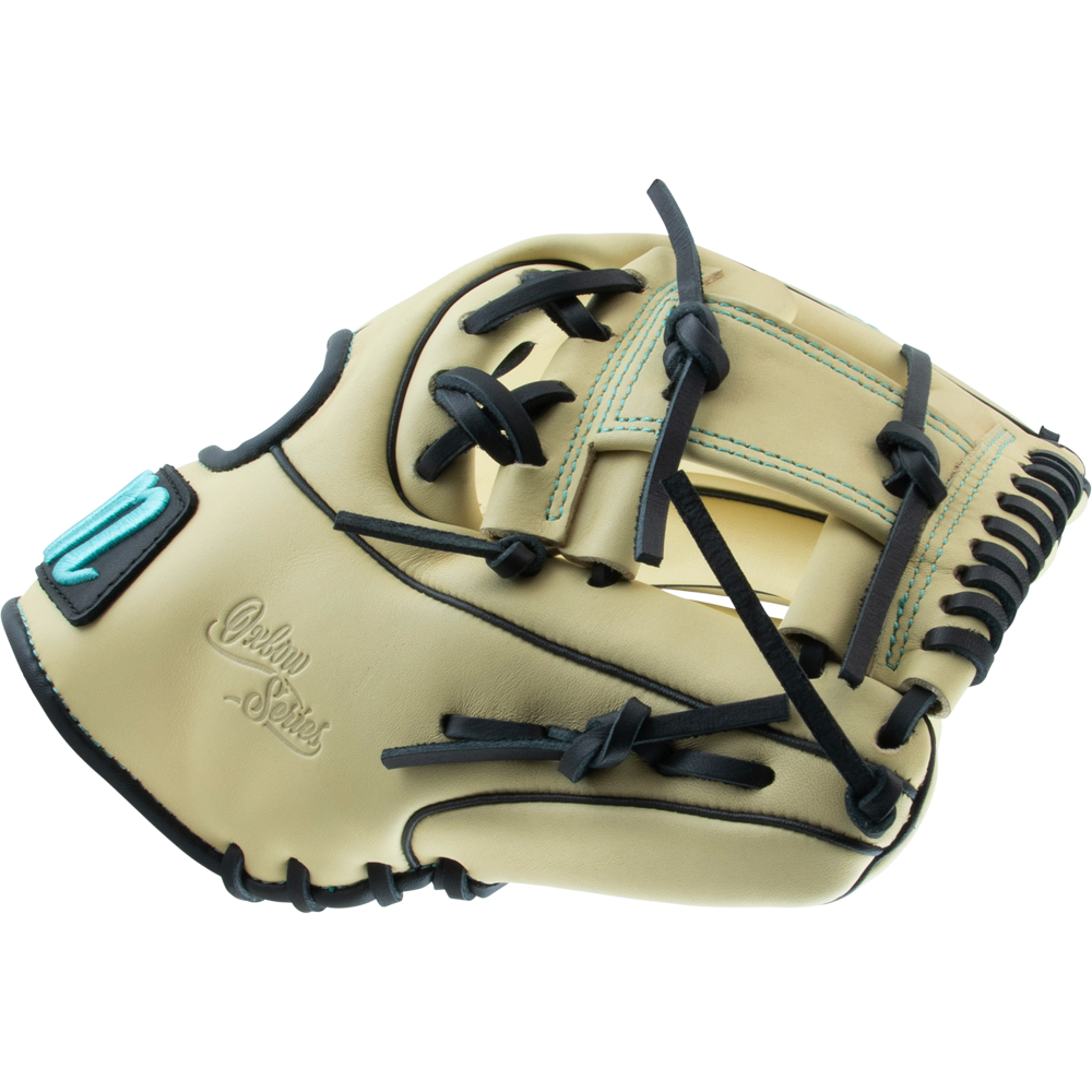 A Marucci Oxbow 43A2 11.5" baseball glove in tan full-grain cowhide leather with black laces and turquoise stitching is shown on a white background. The glove displays a Marucci patch and "Oxbow Series" embossing on the leather.