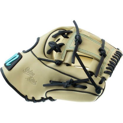 A Marucci Oxbow 43A2 11.5" baseball glove in tan full-grain cowhide leather with black laces and turquoise stitching is shown on a white background. The glove displays a Marucci patch and "Oxbow Series" embossing on the leather.
