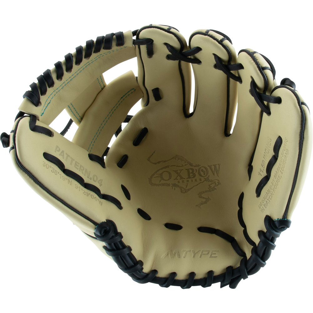 A close-up of a Marucci Oxbow 43A2 11.5" Baseball Glove: MFG3OX43A2, crafted from full-grain cowhide leather.