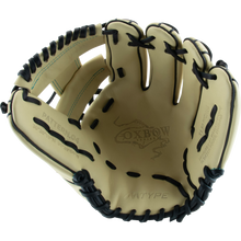A close-up of a Marucci Oxbow 43A2 11.5" Baseball Glove: MFG3OX43A2, crafted from full-grain cowhide leather.