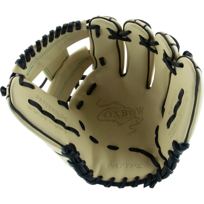 A close-up of a Marucci Oxbow 43A2 11.5" Baseball Glove: MFG3OX43A2, crafted from full-grain cowhide leather.