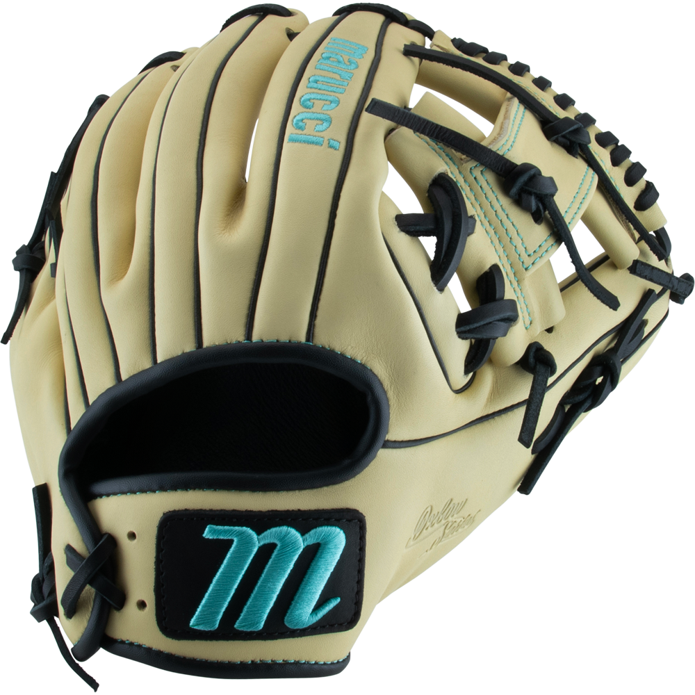 The Marucci Oxbow 43A2 11.5" Baseball Glove (MFG3OX43A2) features tan full-grain cowhide leather, black lacing, teal stitching, and a teal-and-black embroidered M on the wrist strap, with "Marucci" stitched in teal on the back.