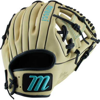 The Marucci Oxbow 43A2 11.5" Baseball Glove (MFG3OX43A2) features tan full-grain cowhide leather, black lacing, teal stitching, and a teal-and-black embroidered M on the wrist strap, with "Marucci" stitched in teal on the back.