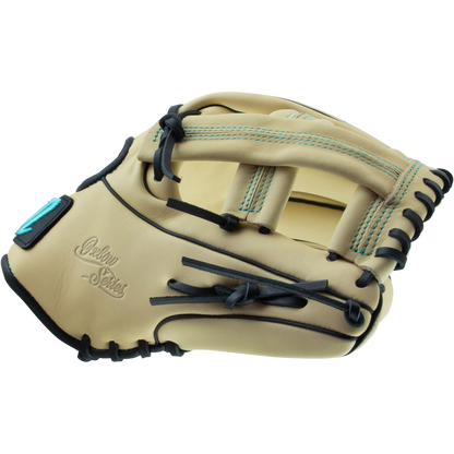The Marucci Oxbow 44A4 11.75" Baseball Glove features tan full-grain cowhide leather, black laces, teal stitching accents, and the Marucci logo embossed on the palm.