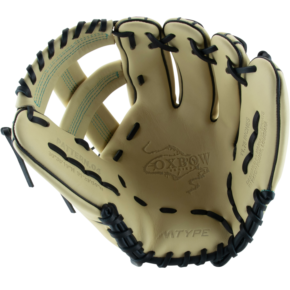 The Marucci Oxbow 44A4 11.75" Baseball Glove (MFG3OX44A4) by Marucci is cream-colored with black laces, visible stitching, Oxbow branding on the palm, and crafted from full-grain cowhide leather.