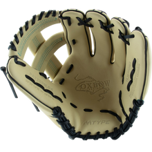 The Marucci Oxbow 44A4 11.75" Baseball Glove (MFG3OX44A4) by Marucci is cream-colored with black laces, visible stitching, Oxbow branding on the palm, and crafted from full-grain cowhide leather.