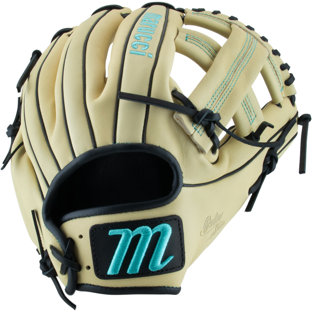 The Marucci Oxbow 44A4 11.75" Baseball Glove (MFG3OX44A4) features tan full-grain cowhide leather, black laces and stitching, turquoise "M" embroidery on a black patch, and "MEUCCI" along the top side.