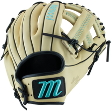The Marucci Oxbow 44A4 11.75" Baseball Glove (MFG3OX44A4) features tan full-grain cowhide leather, black laces and stitching, turquoise "M" embroidery on a black patch, and "MEUCCI" along the top side.