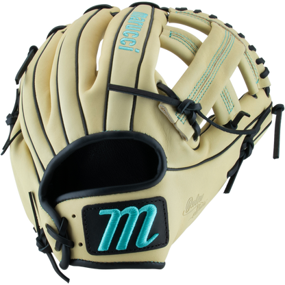 The Marucci Oxbow 44A4 11.75" Baseball Glove (MFG3OX44A4) features tan full-grain cowhide leather, black laces and stitching, turquoise "M" embroidery on a black patch, and "MEUCCI" along the top side.