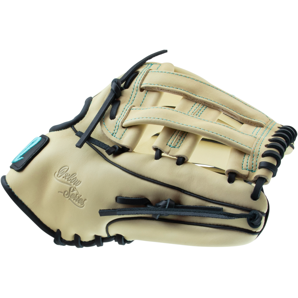 A Marucci Oxbow 45A3 12" baseball glove (MFG3OX45A3) in tan and black full-grain cowhide leather with teal stitching, shown from the side to display its webbing and finger slots on a white background.