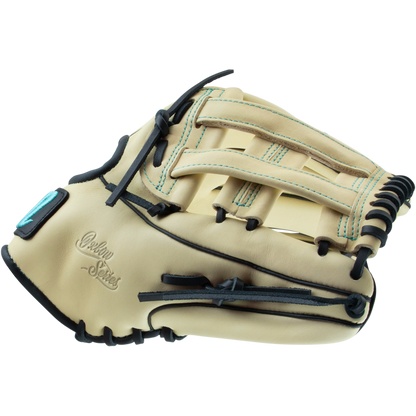 A Marucci Oxbow 45A3 12" baseball glove (MFG3OX45A3) in tan and black full-grain cowhide leather with teal stitching, shown from the side to display its webbing and finger slots on a white background.