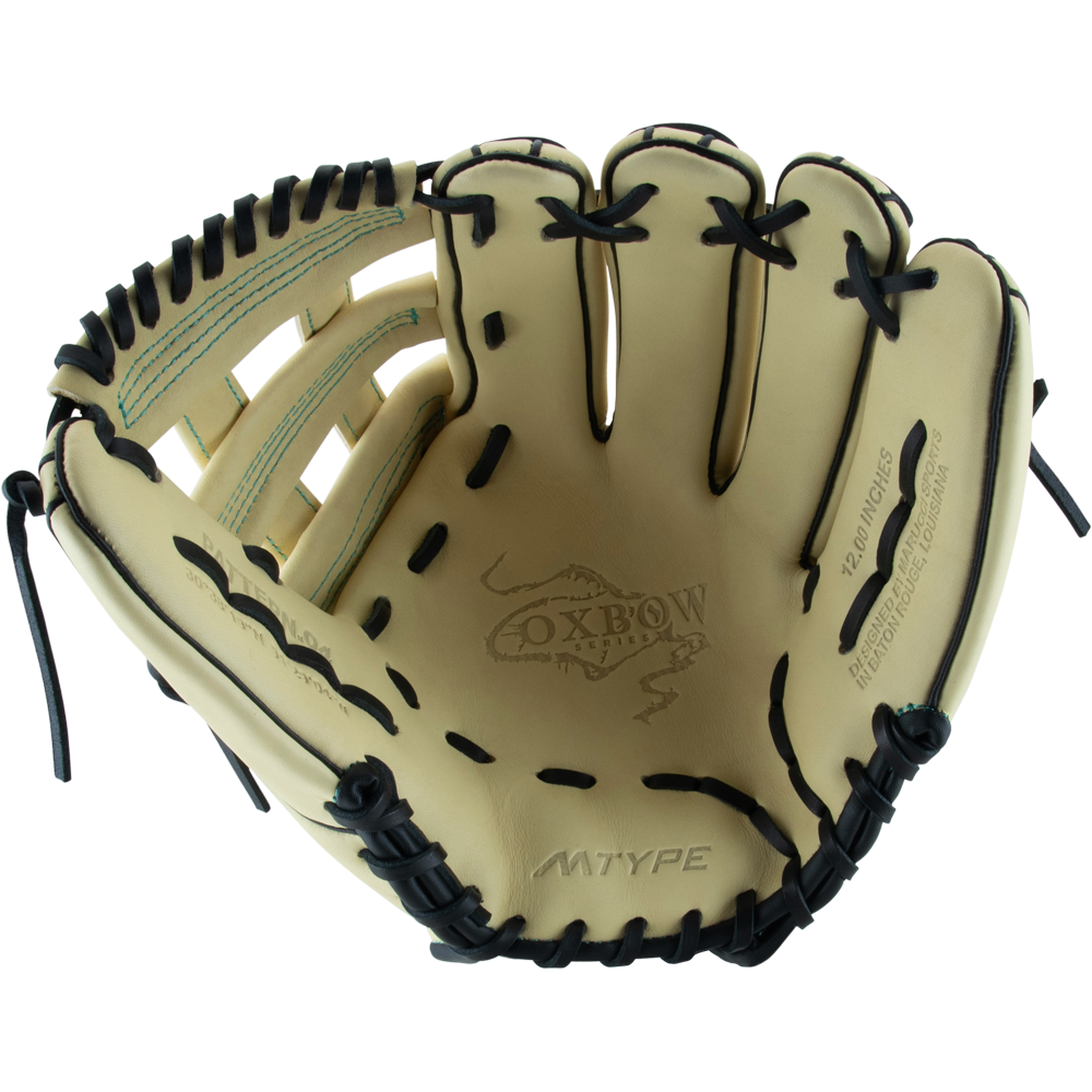 The Marucci Oxbow 45A3 12" Baseball Glove (MFG3OX45A3) features tan full-grain cowhide leather, black pro-grade laces, a basket-web pocket, finger slots, branded palm area, and the Oxbow logo.