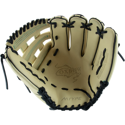 The Marucci Oxbow 45A3 12" Baseball Glove (MFG3OX45A3) features tan full-grain cowhide leather, black pro-grade laces, a basket-web pocket, finger slots, branded palm area, and the Oxbow logo.