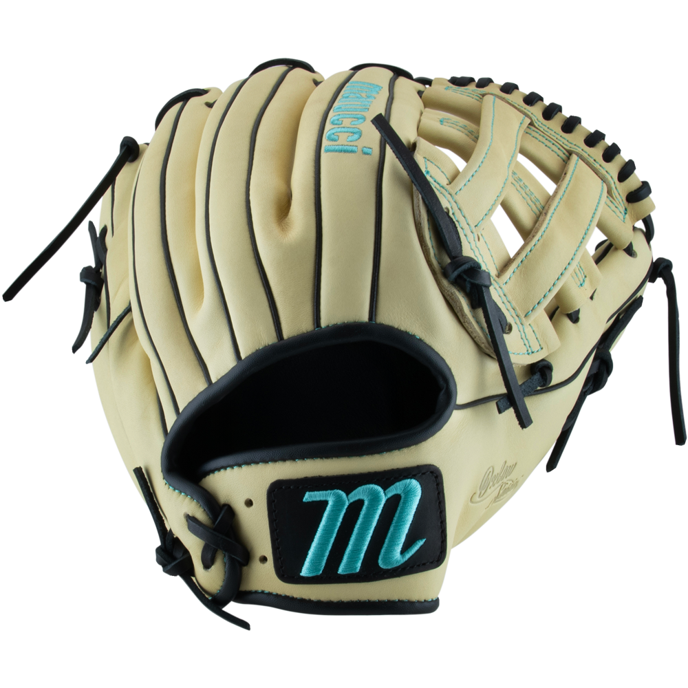 The Marucci Oxbow 45A3 12" Baseball Glove (MFG3OX45A3) features tan full-grain cowhide leather, black lacing, blue stitching, and a black patch with a blue “m” logo near the wrist.