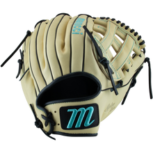 The Marucci Oxbow 45A3 12" Baseball Glove (MFG3OX45A3) features tan full-grain cowhide leather, black lacing, blue stitching, and a black patch with a blue “m” logo near the wrist.