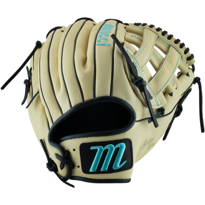 The Marucci Oxbow 45A3 12" Baseball Glove (MFG3OX45A3) features tan full-grain cowhide leather, black lacing, blue stitching, and a black patch with a blue “m” logo near the wrist.