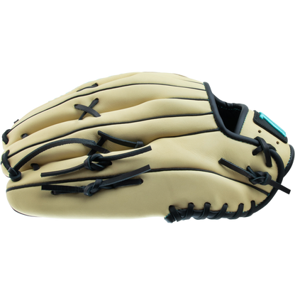 The Marucci Oxbow 78R3 12.75" Baseball Glove (MFG3OX78R3) features tan cowhide leather with black laces and trim, displayed from a top view against a plain white background.