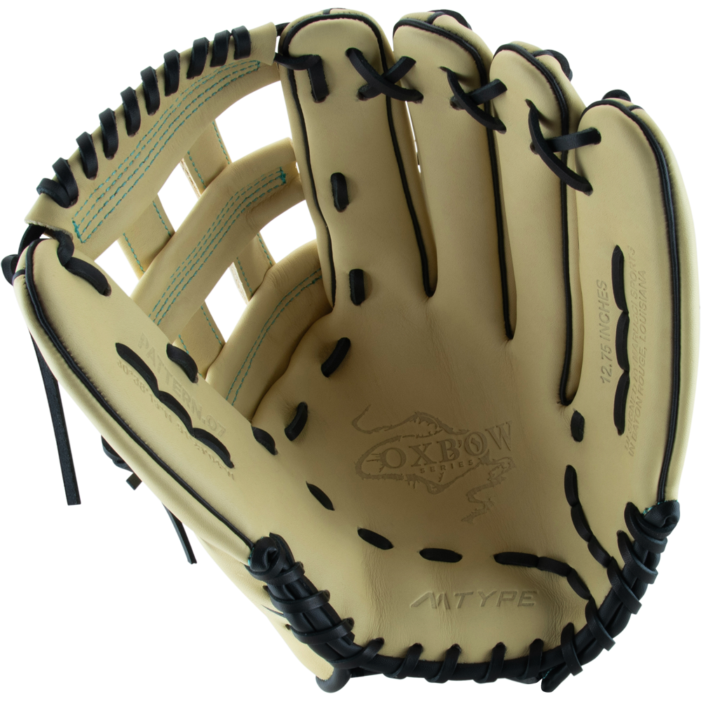 A tan Marucci Oxbow 78R3 12.75" baseball glove (MFG3OX78R3) with black laces, open to display the MV TYPE stamp, palm, and webbing details.