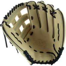 A tan Marucci Oxbow 78R3 12.75" baseball glove (MFG3OX78R3) with black laces, open to display the MV TYPE stamp, palm, and webbing details.