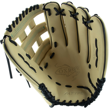 A tan Marucci Oxbow 78R3 12.75" baseball glove (MFG3OX78R3) with black laces, open to display the MV TYPE stamp, palm, and webbing details.