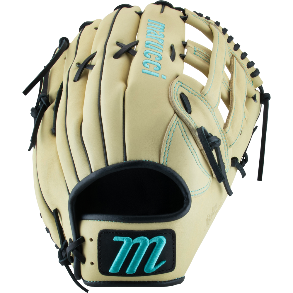 The Marucci Oxbow 78R3 12.75" Baseball Glove (MFG3OX78R3) features a beige cowhide leather build with black laces, teal stitching, the Marucci logo, and a stylized M patch on the wrist strap.