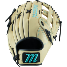 The Marucci Oxbow 78R3 12.75" Baseball Glove (MFG3OX78R3) features a beige cowhide leather build with black laces, teal stitching, the Marucci logo, and a stylized M patch on the wrist strap.