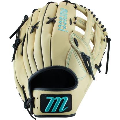 The Marucci Oxbow 78R3 12.75" Baseball Glove (MFG3OX78R3) features a beige cowhide leather build with black laces, teal stitching, the Marucci logo, and a stylized M patch on the wrist strap.