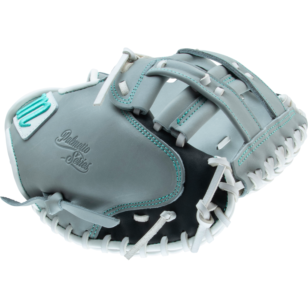 The Marucci Palmetto 240C2 34" Fastpitch Catcher's Mitt (MFG3PL240C2FP-GY), in gray and teal with white laces, features "Palmetto Series" embossing and premium steerhide leather, displayed against a plain white background.