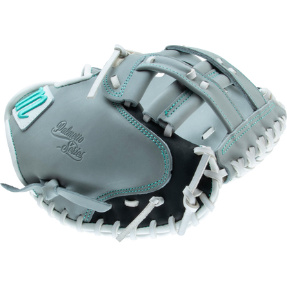 The Marucci Palmetto 240C2 34" Fastpitch Catcher's Mitt (MFG3PL240C2FP-GY), in gray and teal with white laces, features "Palmetto Series" embossing and premium steerhide leather, displayed against a plain white background.
