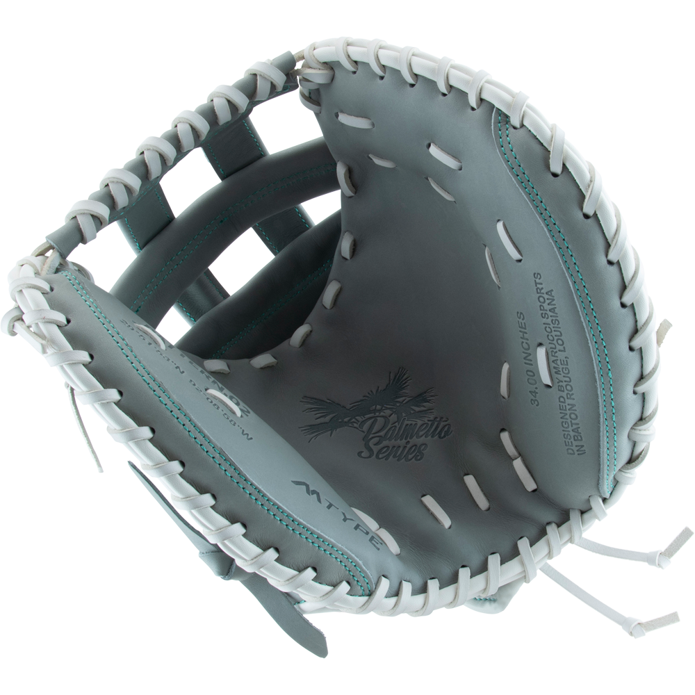 A close-up of an open Marucci Palmetto 240C2 34" Fastpitch Catcher's Mitt (MFG3PL240C2FP-GY) in gray steerhide leather with white laces, showing the palm area and printed text "Palmetto Series" and "34.0 inch" inside.