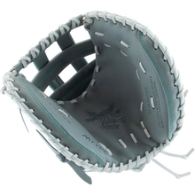 A close-up of an open Marucci Palmetto 240C2 34" Fastpitch Catcher's Mitt (MFG3PL240C2FP-GY) in gray steerhide leather with white laces, showing the palm area and printed text "Palmetto Series" and "34.0 inch" inside.