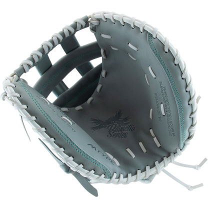 A close-up of an open Marucci Palmetto 240C2 34" Fastpitch Catcher's Mitt (MFG3PL240C2FP-GY) in gray steerhide leather with white laces, showing the palm area and printed text "Palmetto Series" and "34.0 inch" inside.