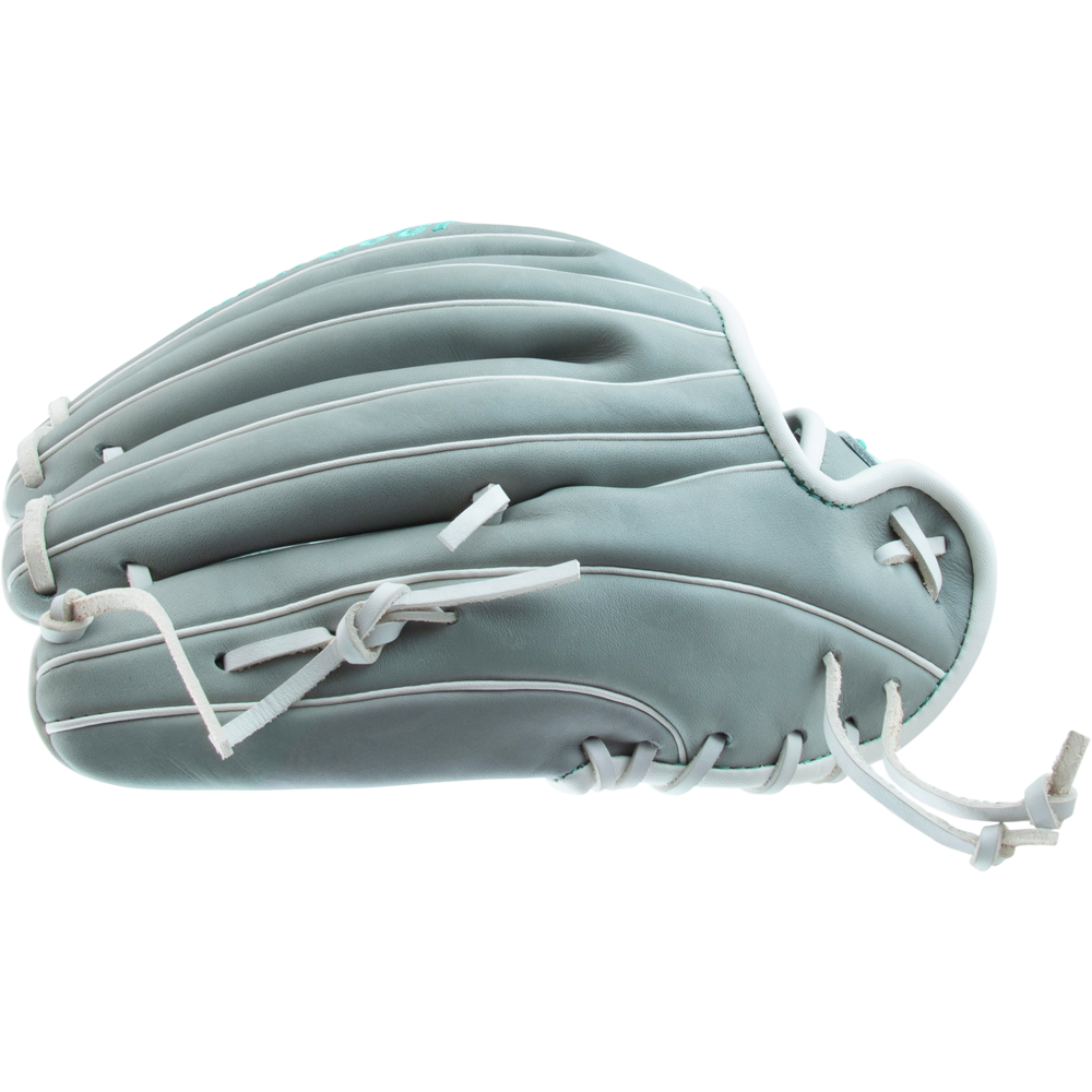 A Marucci Palmetto 45A5 12" Fastpitch Glove (MFG3PL45A5FP-GY) in light gray with white laces and a braided post, shown from the side against a plain white background.