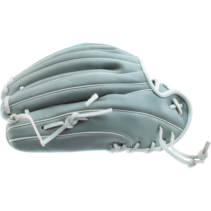 A Marucci Palmetto 45A5 12" Fastpitch Glove (MFG3PL45A5FP-GY) in light gray with white laces and a braided post, shown from the side against a plain white background.