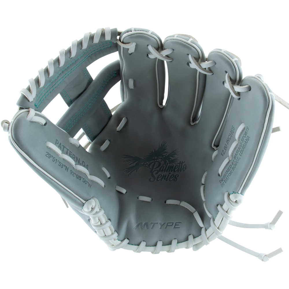 A Marucci Palmetto 45A5 12" Fastpitch Glove (MFG3PL45A5FP-GY) in light gray with white laces, turquoise stitching, and Palmetto Series branding in the palm. It features an open braided post web, visible inside details, and finger slots.