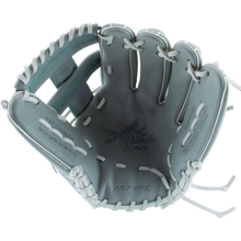 A Marucci Palmetto 45A5 12" Fastpitch Glove (MFG3PL45A5FP-GY) in light gray with white laces, turquoise stitching, and Palmetto Series branding in the palm. It features an open braided post web, visible inside details, and finger slots.