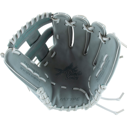 A Marucci Palmetto 45A5 12" Fastpitch Glove (MFG3PL45A5FP-GY) in light gray with white laces, turquoise stitching, and Palmetto Series branding in the palm. It features an open braided post web, visible inside details, and finger slots.