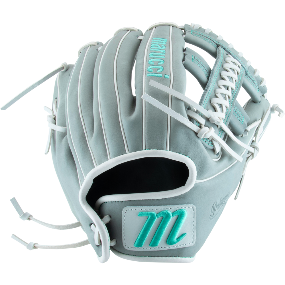 The Marucci Palmetto 45A5 12" Fastpitch Glove (MFG3PL45A5FP-GY) features light gray leather, teal accents, white laces, a braided post, and teal-embroidered Marucci branding.