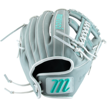 The Marucci Palmetto 45A5 12" Fastpitch Glove (MFG3PL45A5FP-GY) features light gray leather, teal accents, white laces, a braided post, and teal-embroidered Marucci branding.