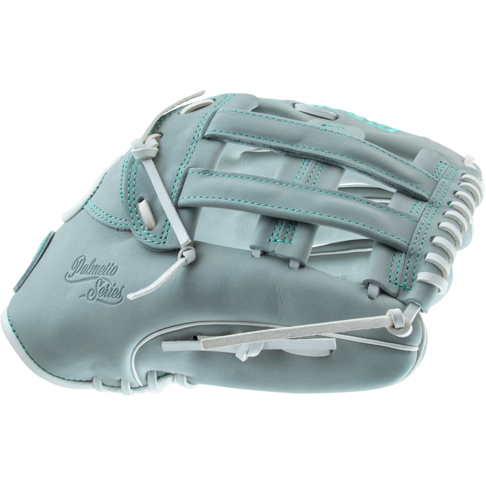 The Marucci Palmetto 78R3 12.75" Fastpitch Glove (MFG3PL78R3FP-GY) features light blue premium steerhide leather, white laces, teal stitching, basket-style webbing, and "Palmetto Series" embossed on the side.